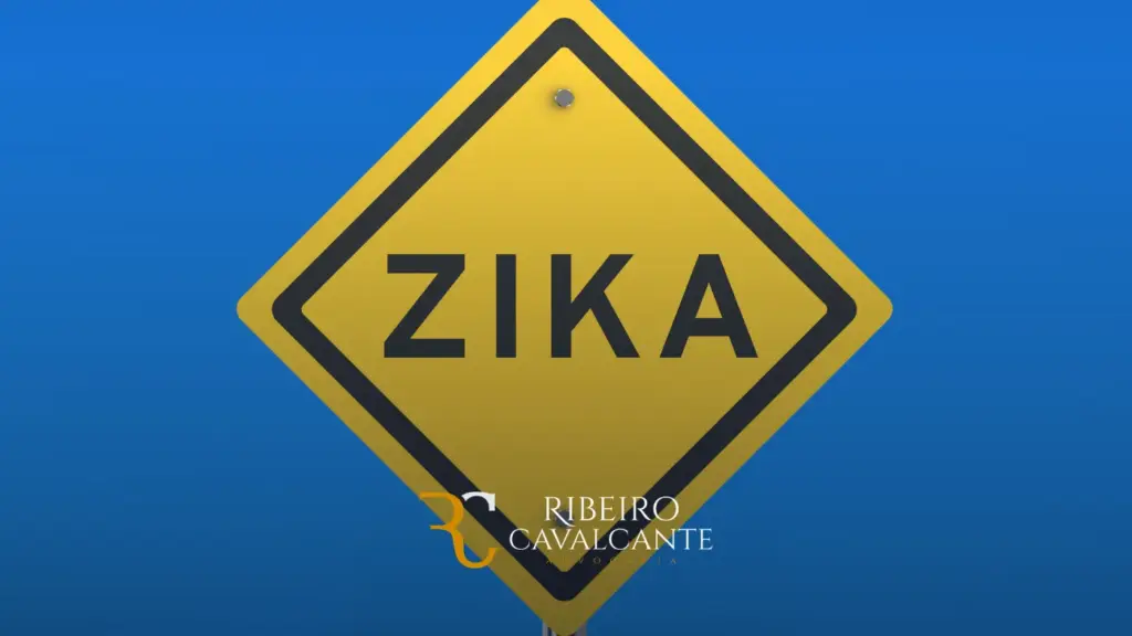 Placa amarela com palavra ZIKA em fundo azul