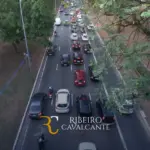 Vista aérea de rua movimentada com carros e árvores