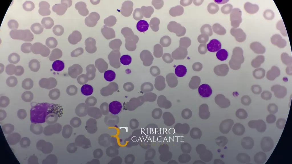 Amostra de sangue microscópica com células em destaque